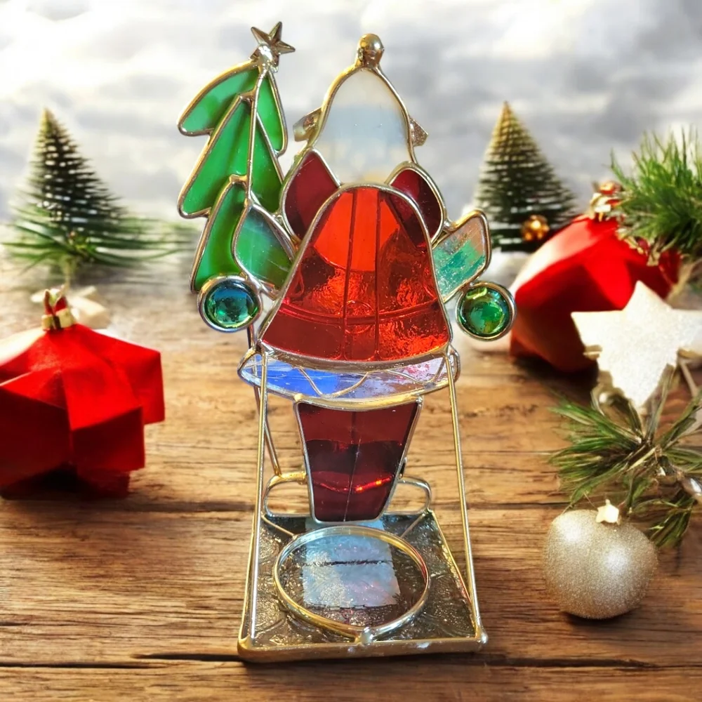 Vtg 90's Stained Glass Christmas Tea Light Votive Candle Holder Brass Trim